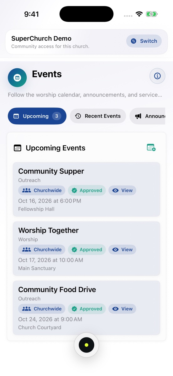 Upcoming church gatherings in the SuperChurch iPhone app