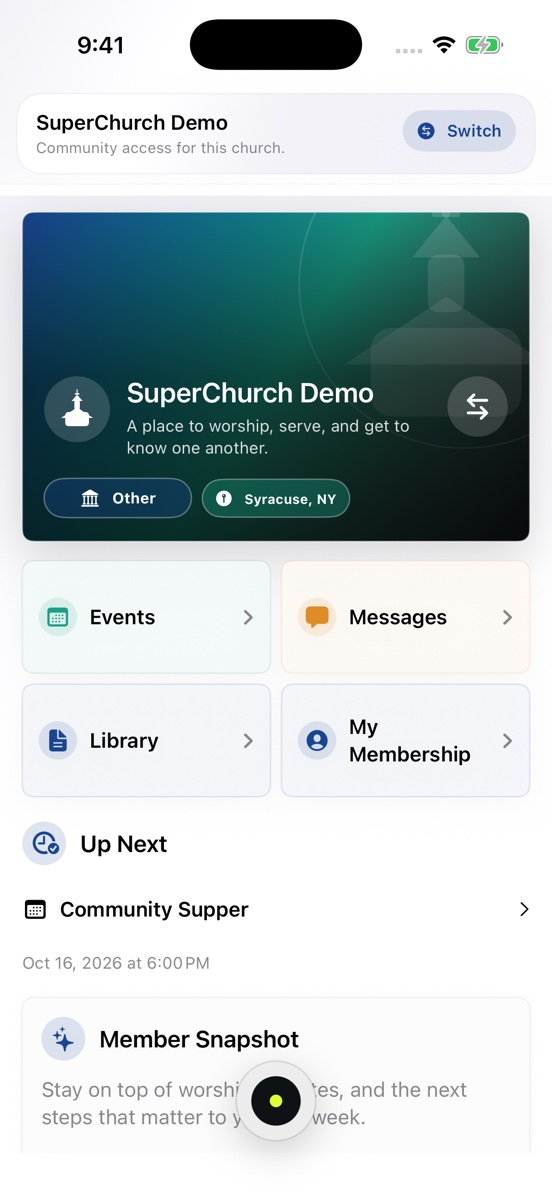 Member Home with the next gathering and church announcements