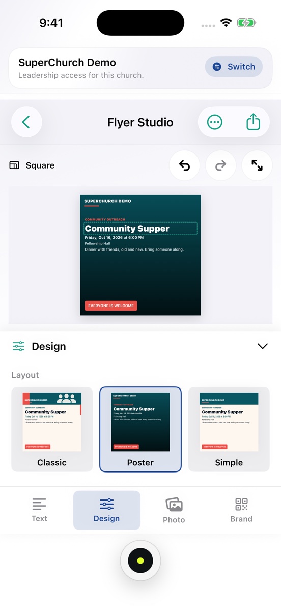 Flyer Studio in SuperChurch showing an editable church invitation